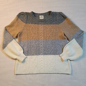 St Johns Bay Womens Colorblock Cable Knit Sweater Size Large Grey Tan Cream